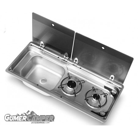 COCINA CON FREGADERO LADO IZQUIERDO 2 FUEGOS CON TAPA DE VIDRIO DOBLE